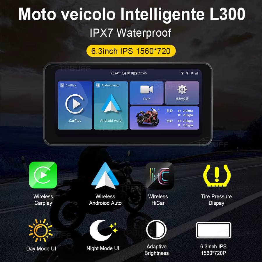 Peocke L300 Motorrad Navigation mit 6,3 Zoll IPS Touch Display, Android Auto und Apple CarPlay, IPX7 wasserdicht und staubdicht, Schwarz - Bild 2