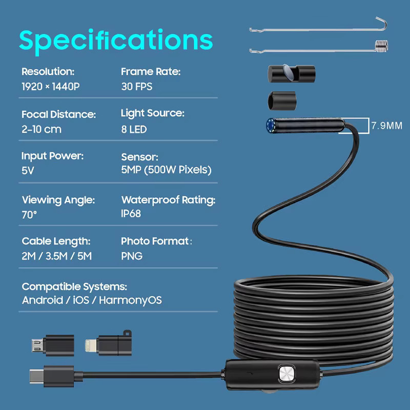 1920P HD Endoskopkamera für iPhone, Huawei, iOS und Android mit USB-C, Micro USB und Licht für Auto und Kanalisation, Schwarz - Bild 3