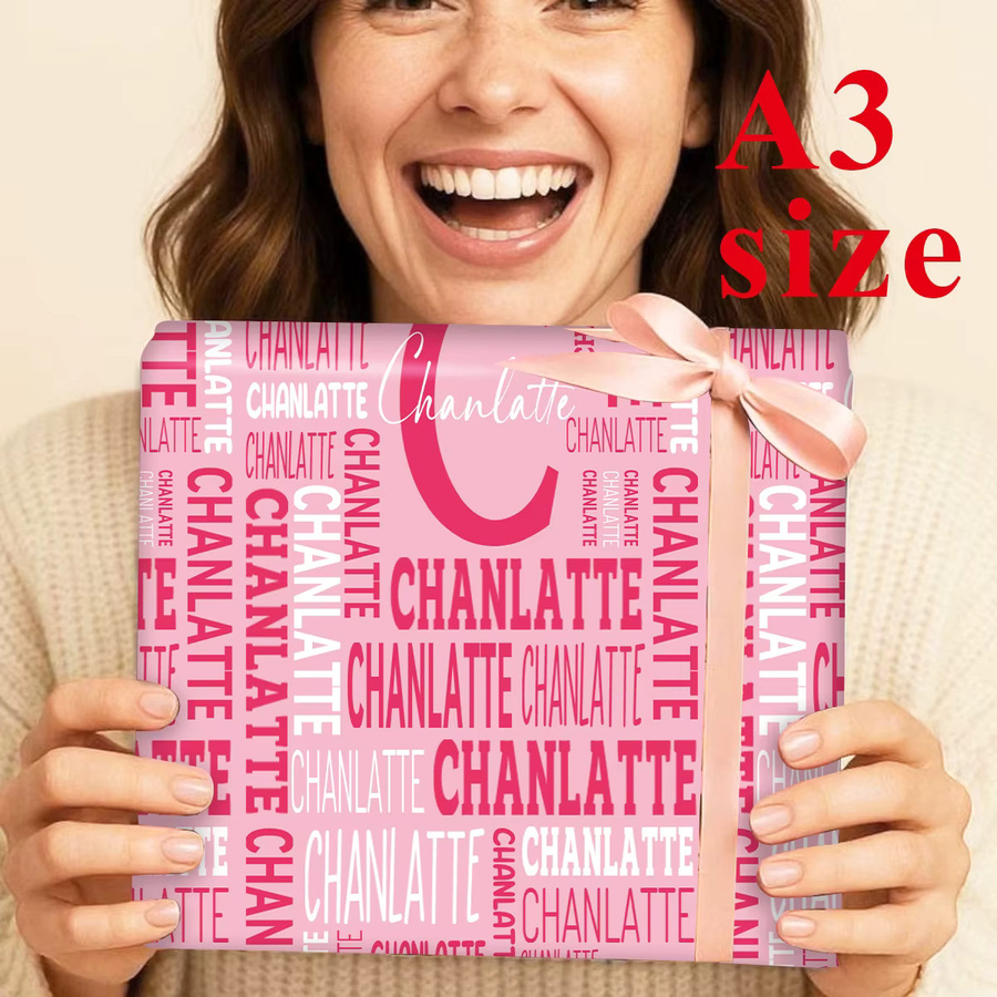 Personalisiertes Weihnachtspapier mit individuellem Namen, 3 Blatt dekoratives Bastelpapier in A3 für Weihnachtsgeschenke und Scrapbooking, Farben: Pink und Lila - Bild 2