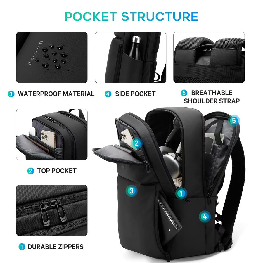 BANGE Laptop-Rucksack mit großem Fassungsvermögen und wasserabweisendem Design in Schwarz, passend für 16-Zoll-Laptops - Bild 5