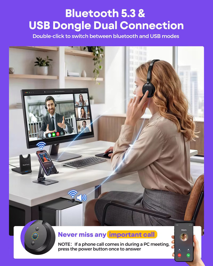 Rownfusny Kabelloses Over-Ear-Headset mit Bluetooth und USB-Dongle in Schwarz für Callcenter mit Geräuschunterdrückung und Mikrofon - Bild 3