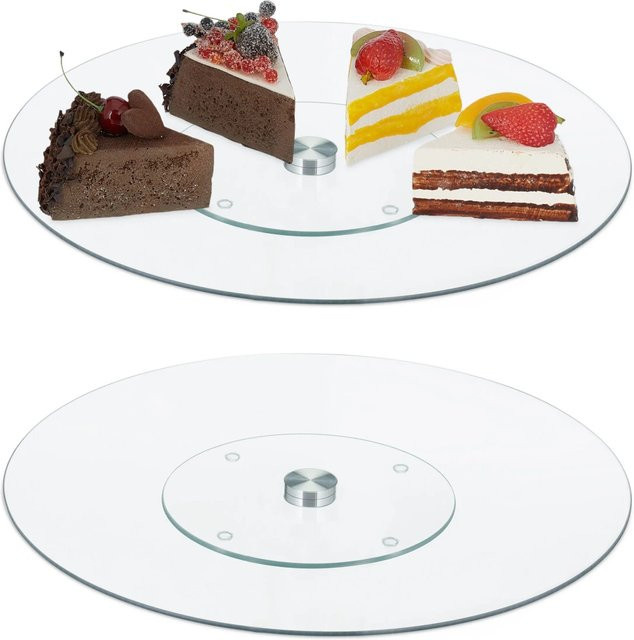 Relaxdays Tortenplatte 2er Set aus Glas und Edelstahl in Transparent und Silber, drehbar und rutschfest, Durchmesser: 30 cm pro Platte - Bild 1