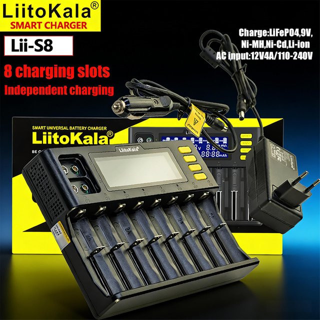 LiitoKala Lii-S8 Intelligentes Batterieladegerät in Schwarz mit 8+2 Fächern für Li-Ionen, LiFePO4, Ni-MH und Ni-Cd sowie 5-stufig einstellbarem Strom - Bild 1