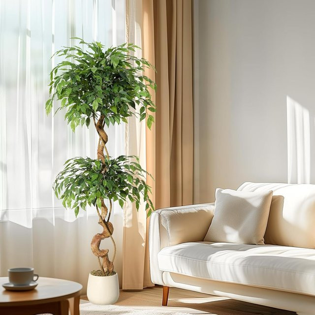 HiMISS Künstlicher Ficus-Baum mit gebogenem Stamm in Grün und Weiß, Höhe: 152,4 cm - Bild 1