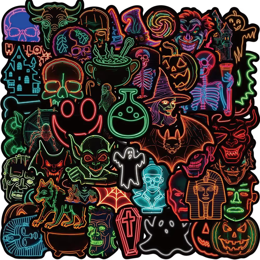 50 Stück Cartoon Neon Gothic Halloween Graffiti Aufkleber in Multicolour für Fahrrad, Notizbuch und Federmäppchen - Bild 2