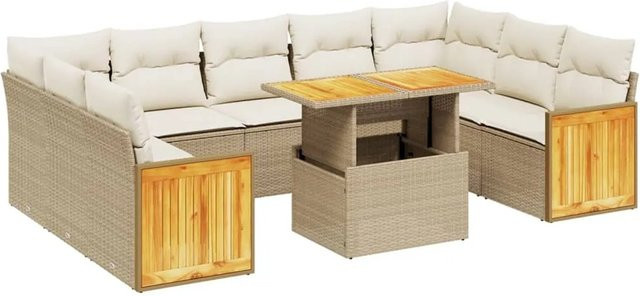 vidaXL 10-tlg Garten-Sofagarnitur in U-Form aus PE-Rattan und Akazienholz mit Kissen in Beige und Cremeweiß - Bild 1