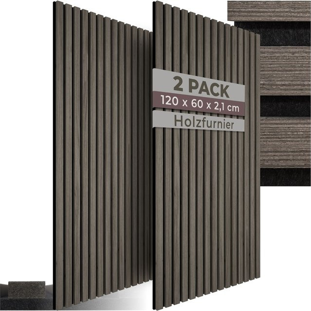 tectake Akustikpaneele Wandgestaltung aus MDF und Echtholzfurnier in Eiche grau, B/H/T: 60 x 120 x 2,1 cm - Bild 1