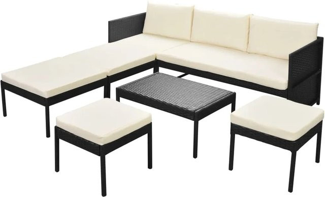 vidaXL 6-tlg Garten-Lounge-Set aus Poly Rattan in Schwarz mit Auflagen und Ottoman für Terrasse und Garten - Bild 1