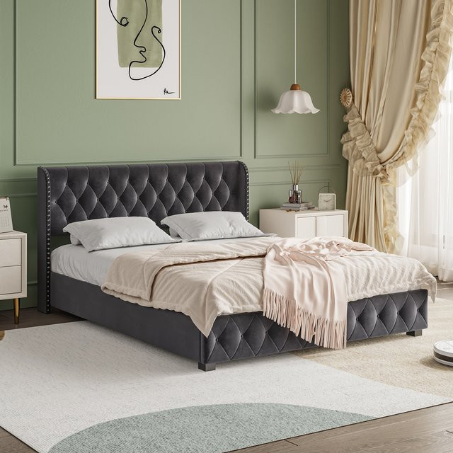 Fangange Samtbett mit Stauraum und hydraulischem Ottoman-Mechanismus, dunkelgraues Doppelbett mit getuftetem Nieten-Kopfteil, B/T: 140 x 200 cm - Bild 1