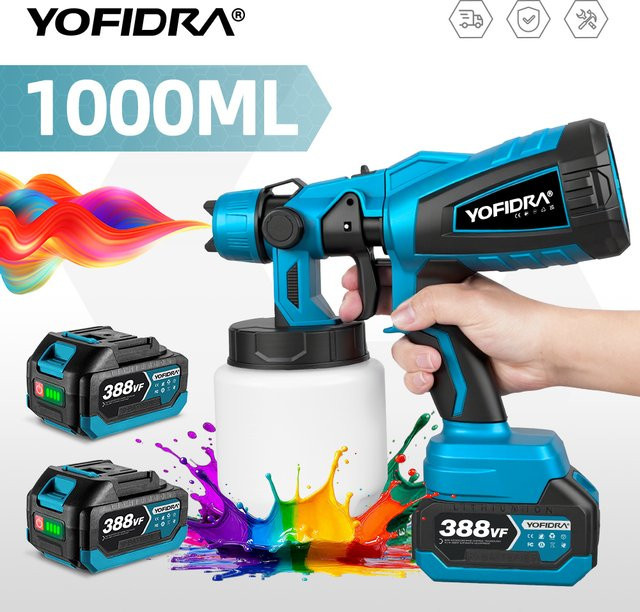 YOFIDRA Elektrische Spritzpistole Blau, Tragbares Schnurloses Farbspritzgerät für Lackierungen mit 1000 ml Fassungsvermögen, Kompatibel mit Makita 18V Akku - Bild 1