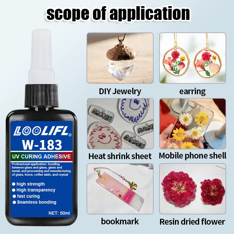 LOOLIFL W-183 UV-Kleber transparent, 50ml UV-härtender Klebstoff für Kristallglas, Metall und ABS - Bild 6