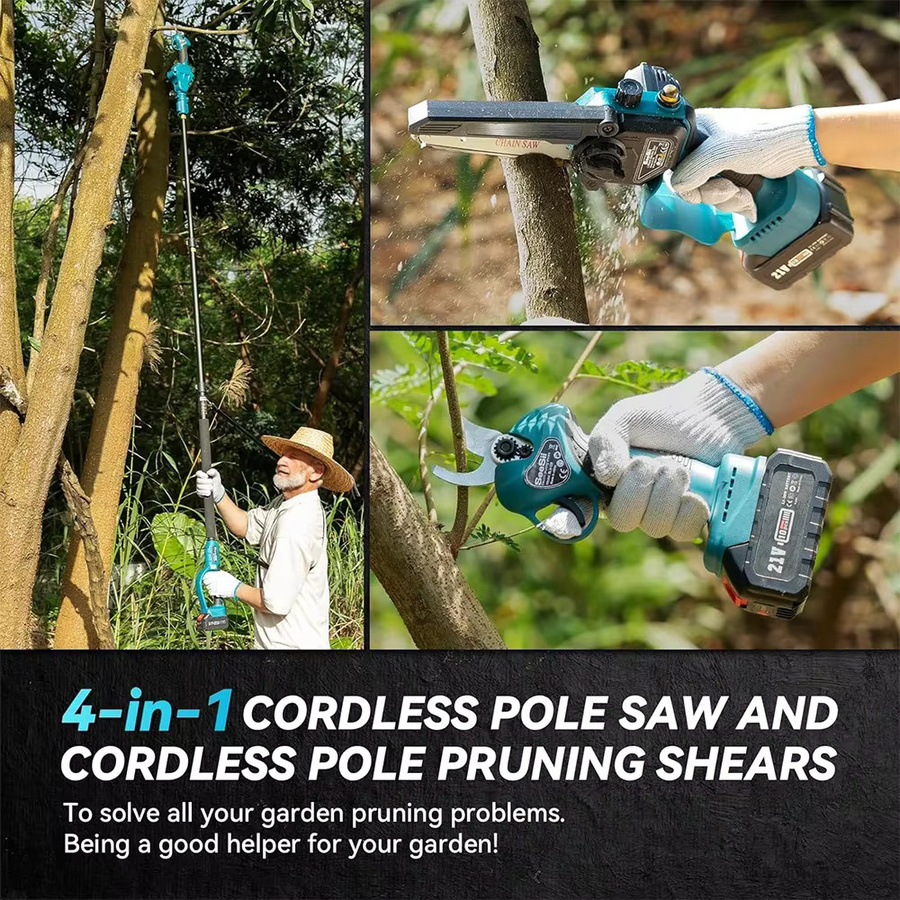 Seesii 3in1 Elektrische Gartenschere mit 2,8m Teleskopstange und 6'' Kettensäge, Blau, kompatibel mit Makita 18V LXT Akku - Bild 3