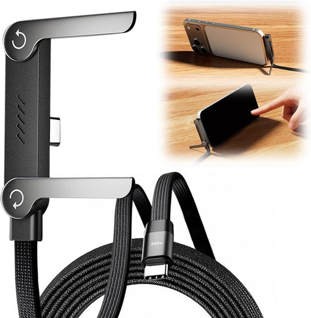 2-in-1 Typ-C zu Typ-C Schnellladekabel mit 240W Leistung und integriertem Gaming-Ellbogen und Telefonständer in Schwarz - Bild 1