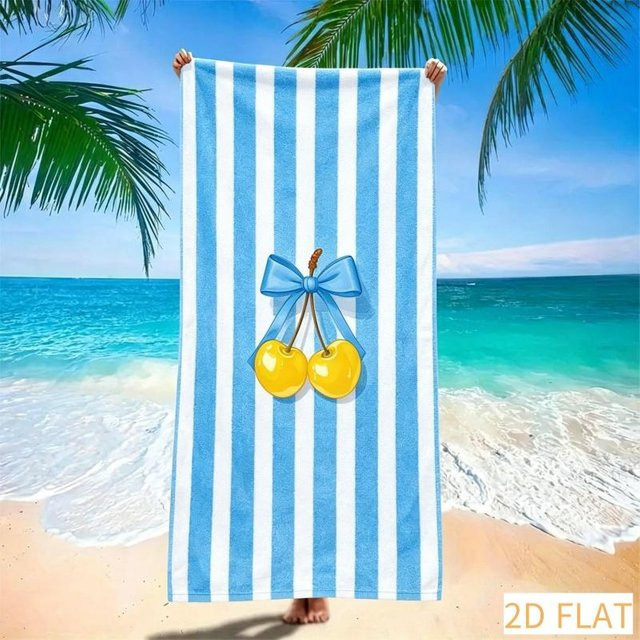 JMG Household Supplies Strandtuch mit Kirsch- und Schleifen-Print, Blau gestreift, Mikrofaser, sandfrei, B: 50 cm, H: 100 cm - Bild 1
