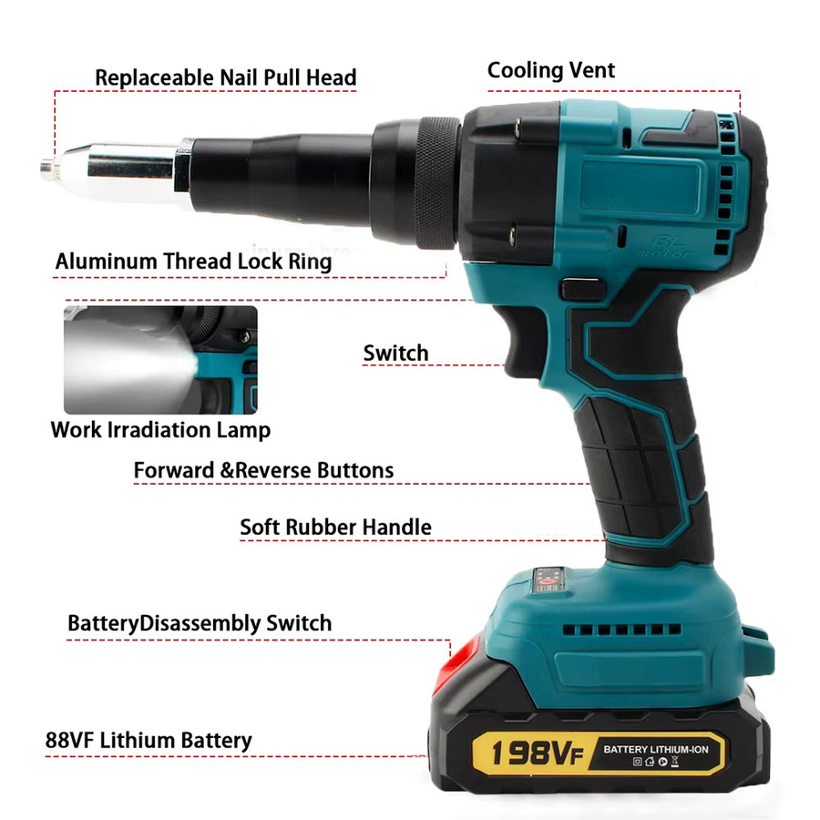 Bürstloser elektrischer Nietmutternschrauber für Makita 18V Akku, automatisches Nietwerkzeug für 2,4 bis 4,8 mm, Farbe: Petrol - Bild 7