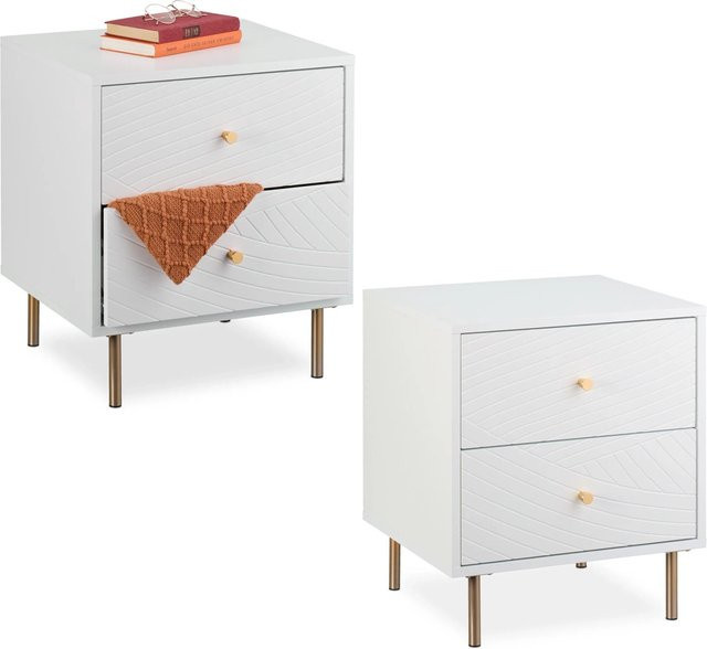 Relaxdays Nachttisch Set 2er Pack in Weiß und Gold mit 2 Schubladen, modern gestaltet aus MDF, Spanplatte und Eisen, B/T/H: 52 x 45 x 40 cm - Bild 1