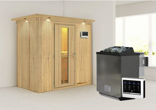 Karibu Sauna Pärnu Bio-Kombi-Sauna aus Fichtenholz mit 9 kW Saunaofen und externer Steuerung für 2 Personen, beige, B: 202 cm, T: 132 cm, H: 210 cm - Bild 1