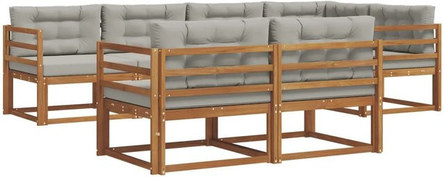 vidaXL Outdoor-Sofagarnitur aus Akazienholz in L-Form, 7-teiliges Set mit Kissen in Braun und Hellgrau - Bild 1