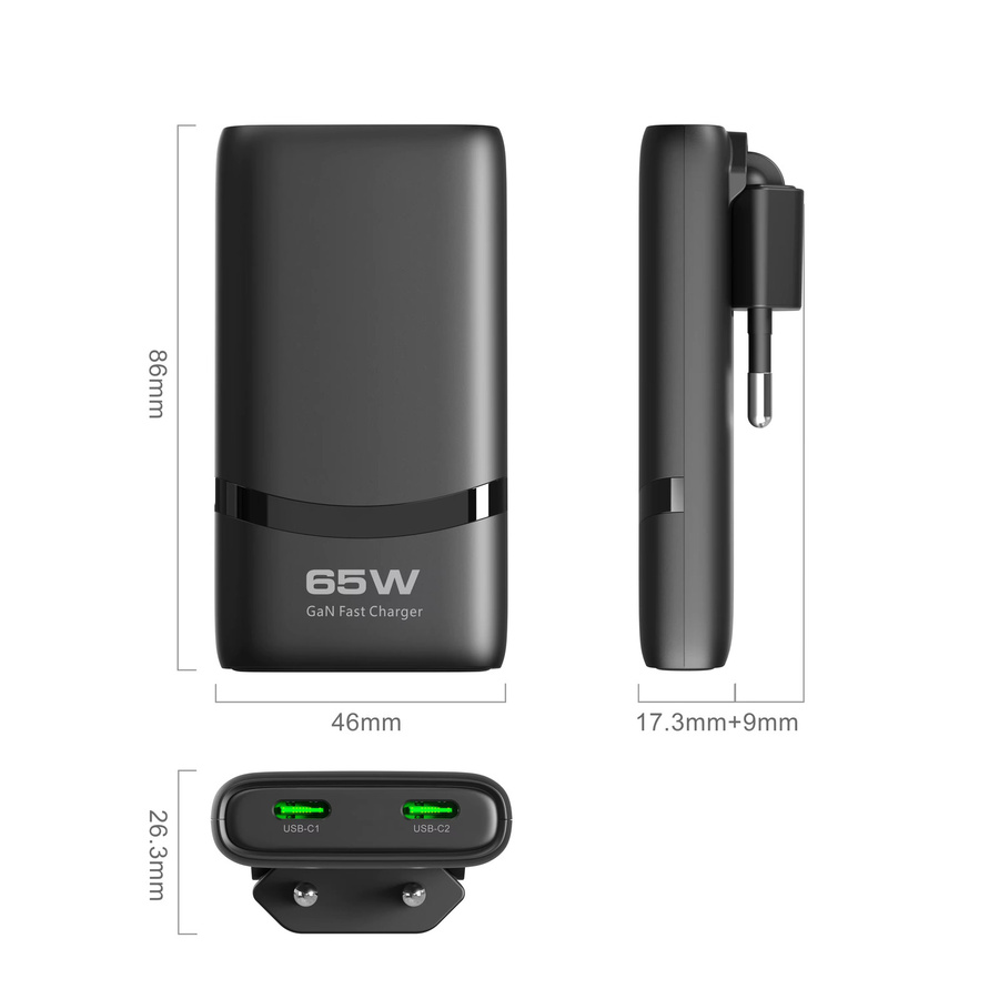 Deepartner 65W GaN USB-C Schnellladegerät mit Dual-Port und faltbarem Stecker, Schwarz - Bild 2