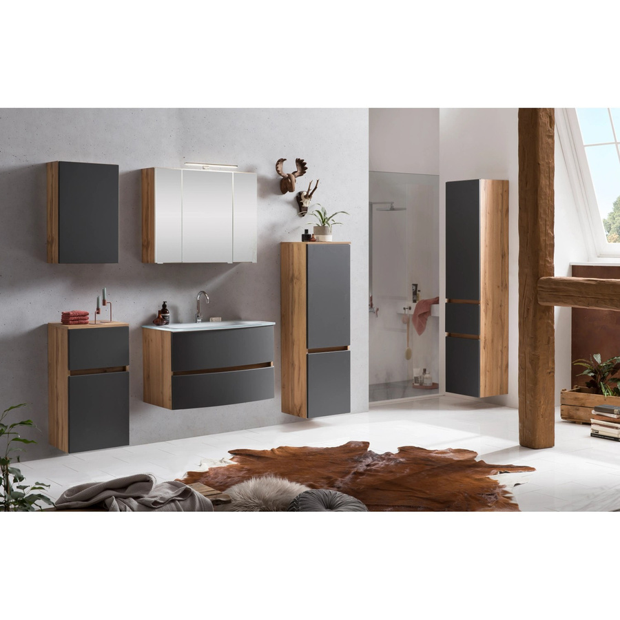 Held Möbel Waschtisch-Set Salerno 2-tlg. in matt Grau-Wotaneiche mit Glasbecken und Spiegelschrank, Breite: 80 cm - Bild 2