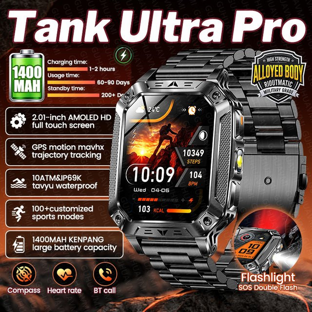 GUHUAVMI TANK Ultra PRO Smartwatch für Herren in Schwarz mit GPS, Bluetooth-Anruffunktion, 1400mAh Akku und 10ATM Wasserdichtigkeit - Bild 1