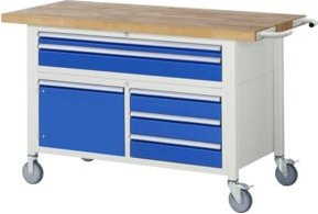 Fahrbare Werkbank RAU Serie 8922 mit 5 Schubladen, 2 Fachböden mit Tür und Lochwand, Breite: 1500 cm, Tiefe: 700 cm, Höhe: 880 cm - Bild 1