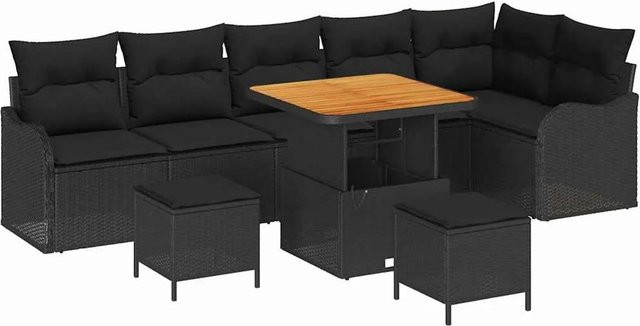 vidaXL Garten-Sofa-Set 9-teilig aus Poly Rattan und Akazienholz in Schwarz mit Metallrahmen und Kissen - Bild 1