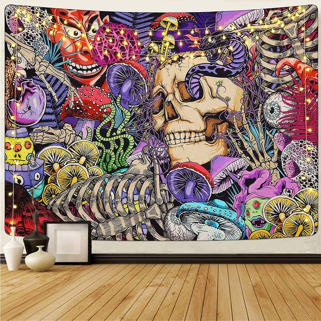 VIKAMA Wandteppich mit Totenkopf und Pilz-Motiv in Multicolour, rechteckige Textil-Wanddekoration mit abstraktem Design, Breite: 60 cm, Höhe: 40 cm - Bild 1