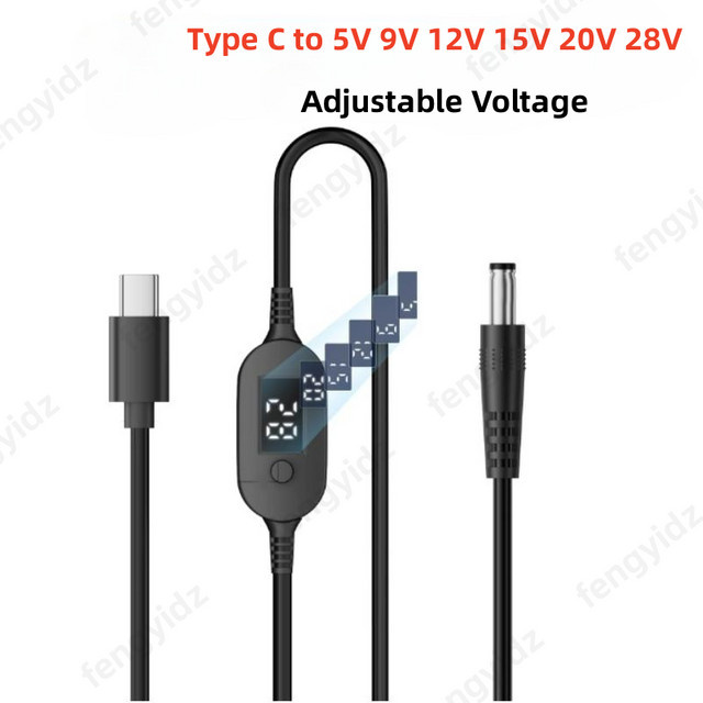 Fengyidz USB-C auf DC 5V 9V 12V 15V 20V 28V Einstellbares Spannungs-Boost-Kabel 140W Universal-Adapterkabel für Laptops Schwarz - Bild 1