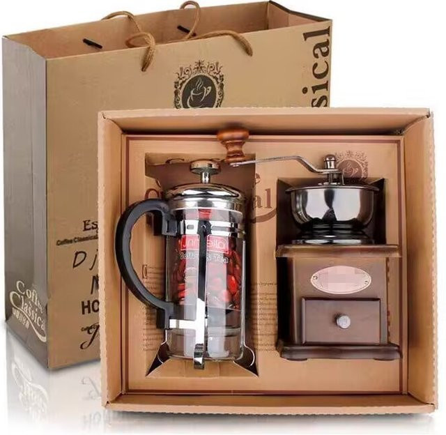 Vintage Kaffeemaschine Set mit manueller Handkurbel-Kaffeemühle und French Press Pot - Bild 1