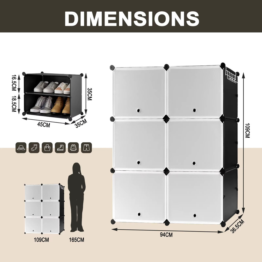 WOLTU Schuhaufbewahrungsbox aus Kunststoff mit 6 Fächern und Türen, modulares Schuhregal für Flur, Wohnzimmer oder Schlafzimmer, Schwarz oder Weiß - Bild 5