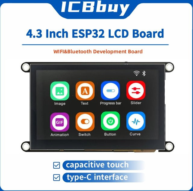 QSZNTEC ESP32-S3 LCD-Anzeigemodul mit 4,3 Zoll IPS kapazitivem Touchscreen, 8M PSRAM, 4M FLASH, WiFi und Bluetooth, Schwarz - Bild 1