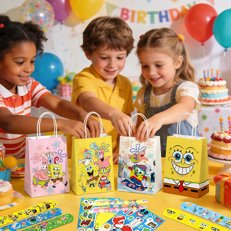96-teiliges SpongeBob Schwammkopf Party-Geschenkset von Potdemiel in Multicolour für Geburtstagsfeiern mit Geschenktüten, Schlüsselanhängern, Aufklebern, Notizbüchern und Stiften - Bild 2
