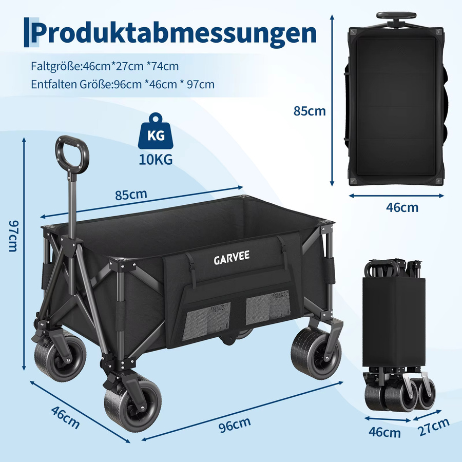 HiMISS Outdoor-Campingwagen mit 8-Zoll-Rädern und verstellbarem Griff aus 600D Oxford-Stoff, faltbarer Allterrain-Trolley für Picknick und Garten - Bild 4