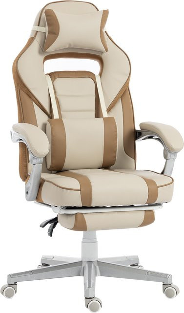HOMCOM Gaming-Stuhl in Creme mit ausziehbarer Fußstütze, Lendenstütze und abnehmbarem Nackenkissen, höhenverstellbar und neigbar - Bild 1