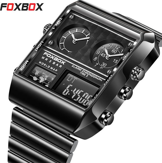 FOXBOX Digitaluhr, Edelstahl, Schwarz, Silber, Herren, Datum - Bild 1
