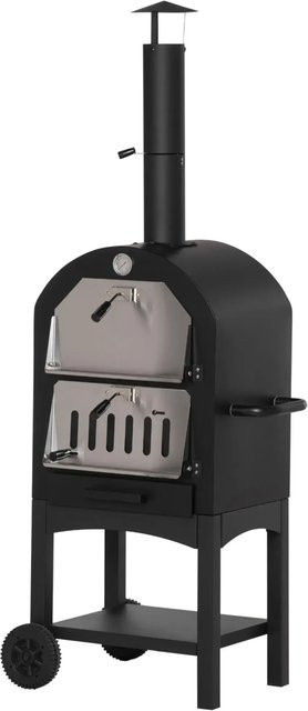 Outsunny 2-in-1 Pizzaofen aus Kohlenstoffstahl mit Rollen, Schwarz - Bild 1