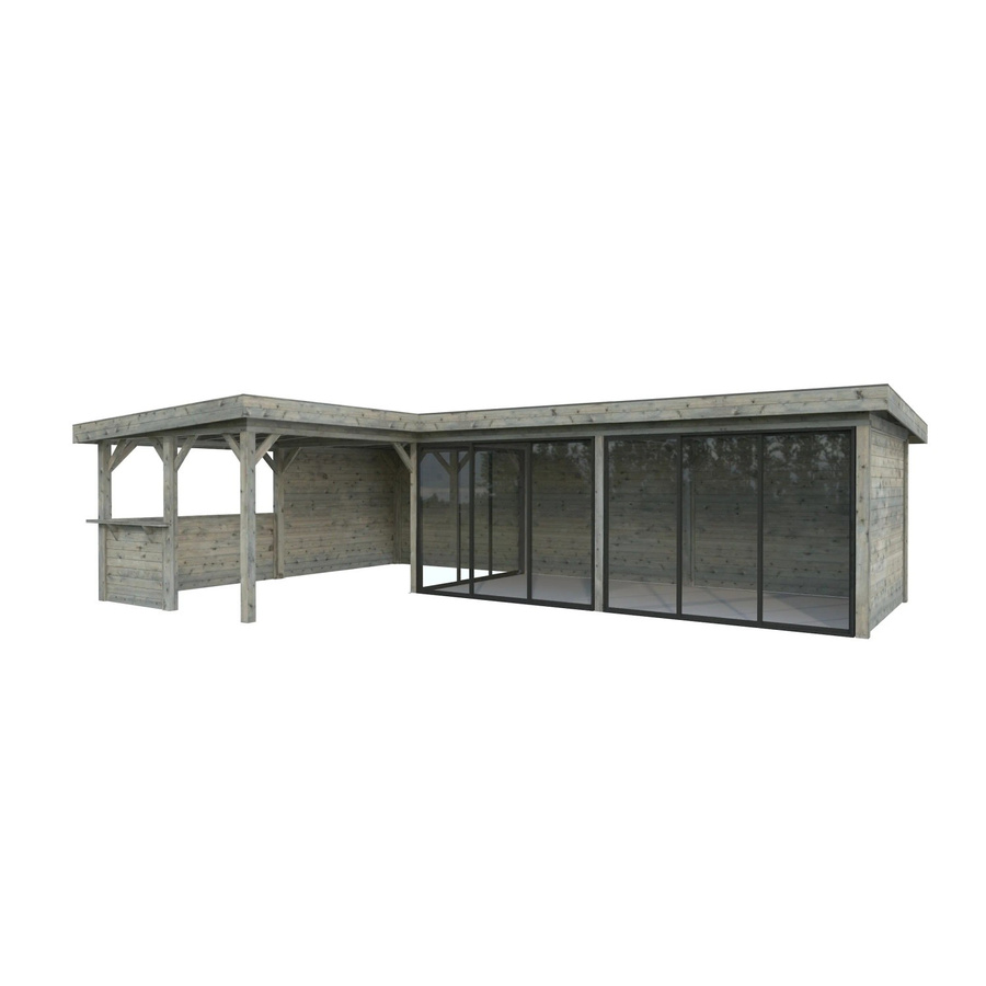 PALMAKO Pavillon Lenna Set 420 Slide aus Fichtenholz in Grau mit Flachdach, Alu-Schiebetüren, Eck-Tresenanlage und PZ-Schloss, B/T/H: 876 x 588 x 245 cm - Bild 2