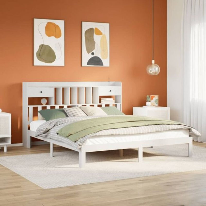 Massivholzbett Vidaxl aus Kiefer mit Regal in Weiß, B/T/H: 180 x 200 x 110 cm - Bild 1