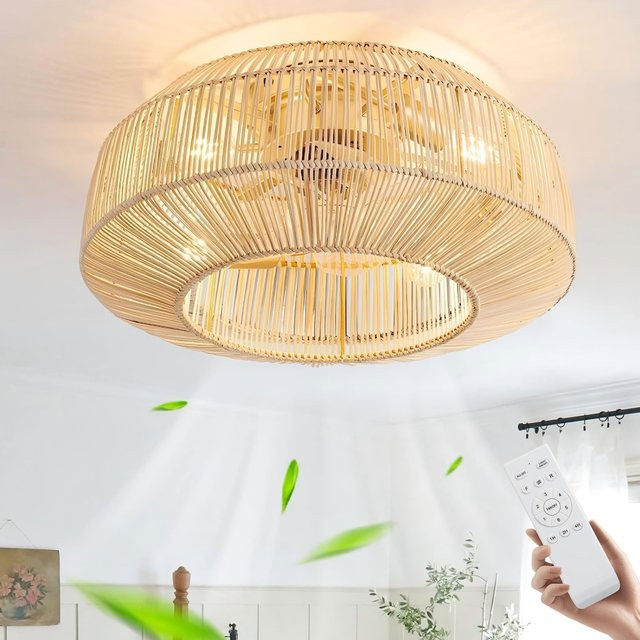 Yopyuenn Deckenventilator mit Beleuchtung E27 im Vintage-Design aus Rattan und Bambus inklusive Fernbedienung für Wohnzimmer und Esszimmer - Bild 1