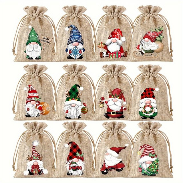 12-teiliges Set Weihnachts-Geschenktüten aus Leinen mit Kordelzug in verschiedenen Mustern, B/H: 13 x 18 cm, Mehrfarbig - Bild 1