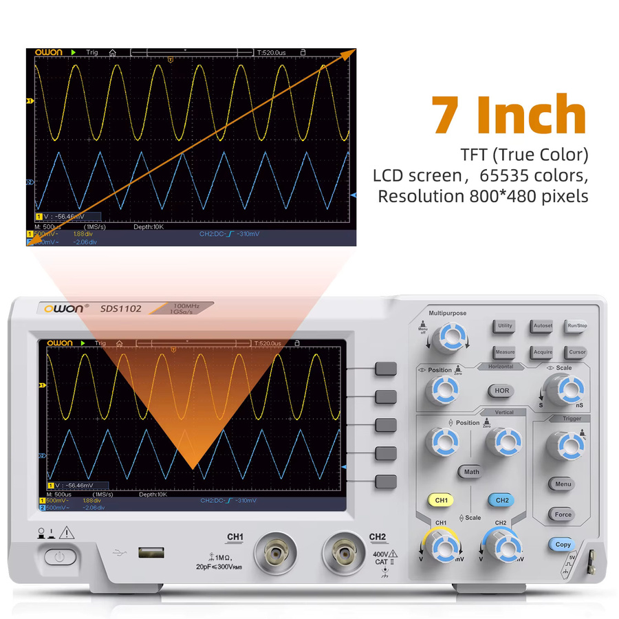 Owon SDS1102 Digitales Oszilloskop in Grau mit 100 MHz Bandbreite, 2 Kanälen und 1 GS/s Abtastrate sowie 7-Zoll-TFT-Display - Bild 3