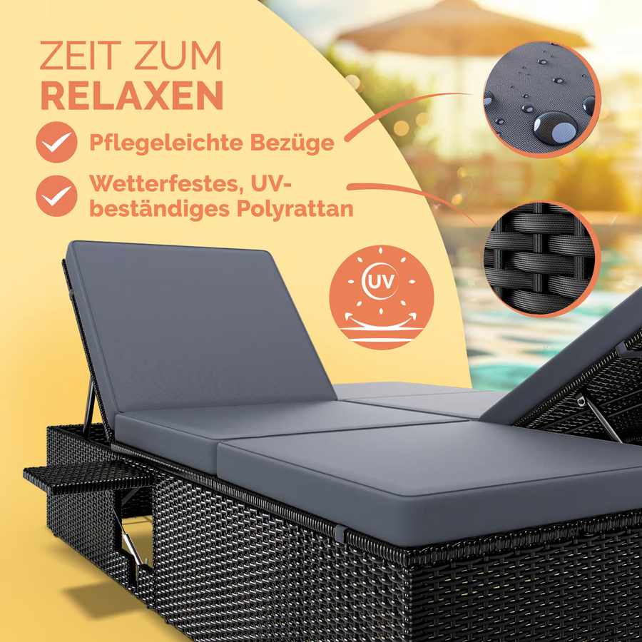 CASARIA Polyrattan Gartenliege Schwarz/Anthrazit mit verstellbarer Kopfstütze und Seitentisch, B/T/H: 220 x 115 x 33 cm - Bild 2