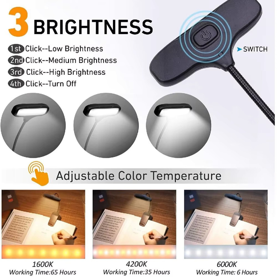 Mini USB LED Leselicht mit Clip zum Aufladen, tragbare Buchlampe und Nachtlicht in Schwarz und Weiß - Bild 2