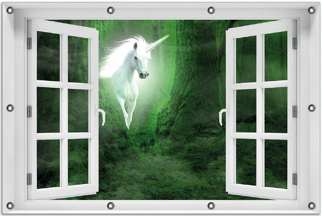 Wallario Gartenposter Fenster-Illusion Weißes Einhorn im grünen Wald, B: 80 cm, H: 120 cm - Bild 1