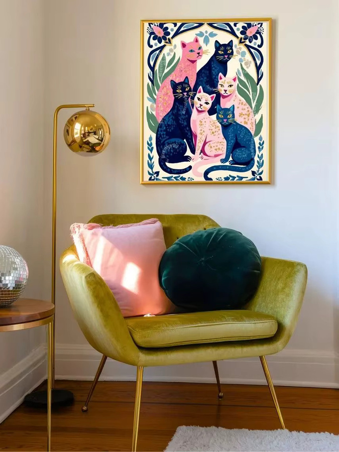 Moderner Katzen-Kunstdruck von SHENCHEN in Pink, Blau und Multicolour als rechteckiges Wandposter aus Papier - Bild 6