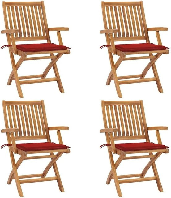 vidaXL Set aus 4 klappbaren Gartenstühlen aus Teakholz mit Kissen in Braun und Rot - Bild 1