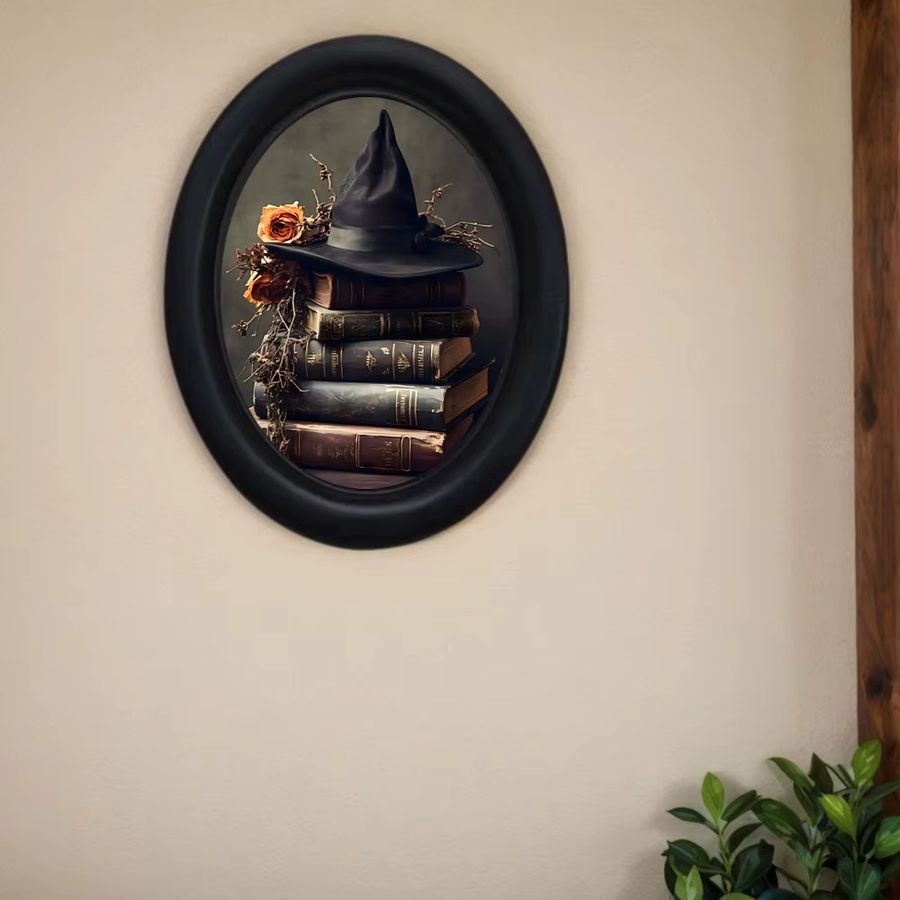 Dekoratives 3D-Retro-Halloween-Hexenhut Wandbild von Buchhobbys, handgefertigte ovale Wandkunst aus Holz in Schwarz - Bild 6