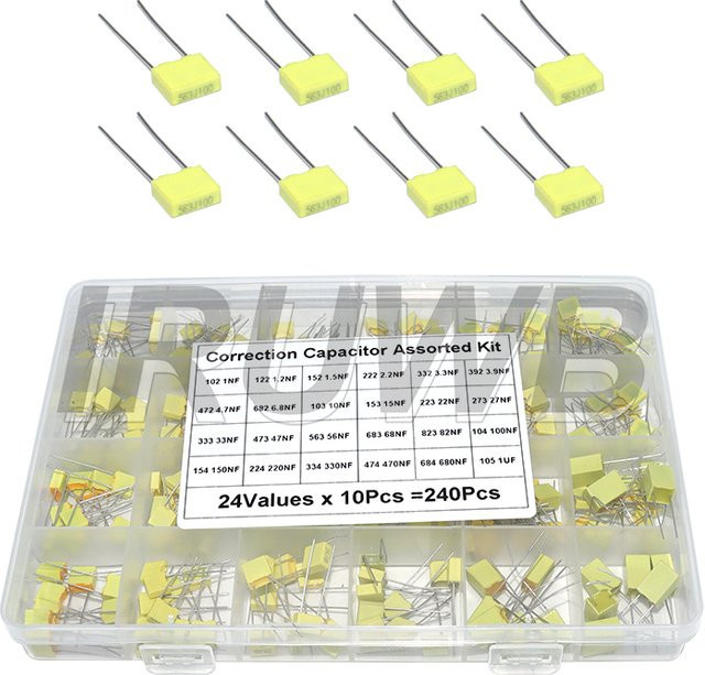 IRUWB Polypropylen-Sicherheits-Kunststofffolienkondensatoren-Set, 240 Stück, 24 Werte à 10 Stück, 100 V, Gelb - Bild 1