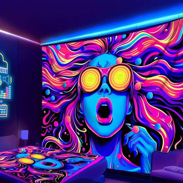 VIKAMA Psychedelic Goddess Wandteppich in Multicolour mit Neon-Glühen und Boho-Design, B/H: 60 x 40 cm - Bild 1